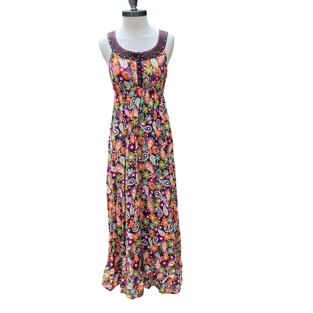 Cattlelac Ranch Size S Flower Power Colorful Maxi Dress Ruffle Hem